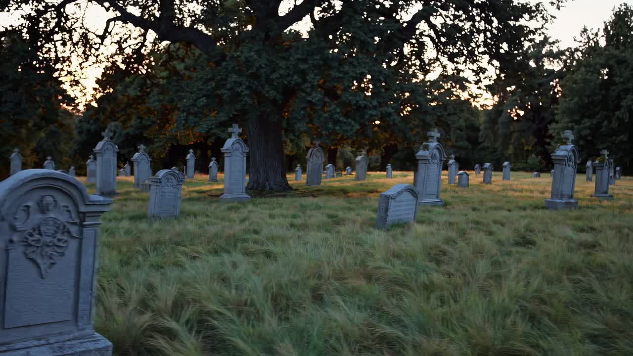 A serene graveyard at dusk, captured with a low-angle shot