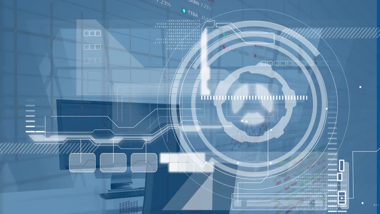 빈 사무실에서 스 ⁇  스캐닝과 데이터 처리의 애니메이션