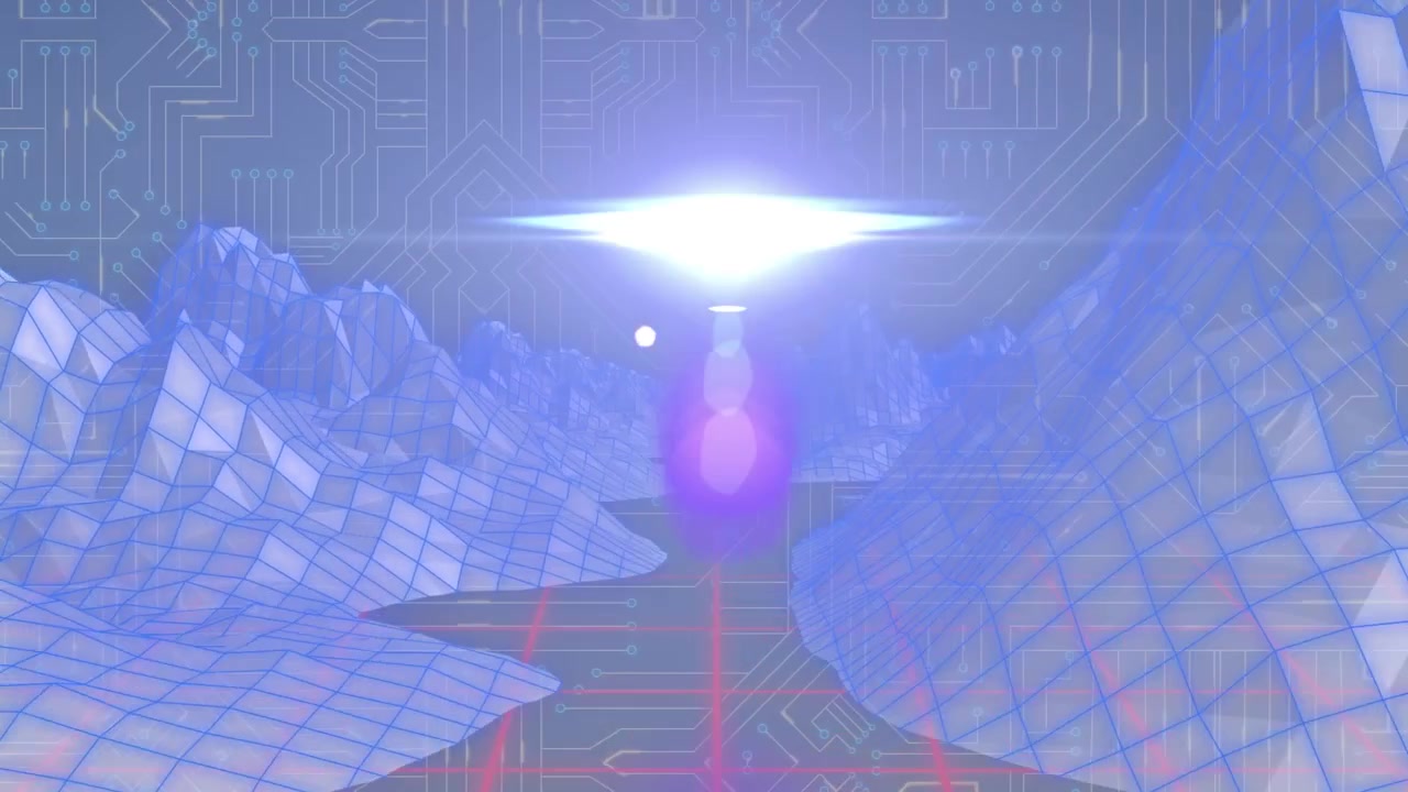 Animation of light moving over graphical mountain, grid pattern against electronic circuit board