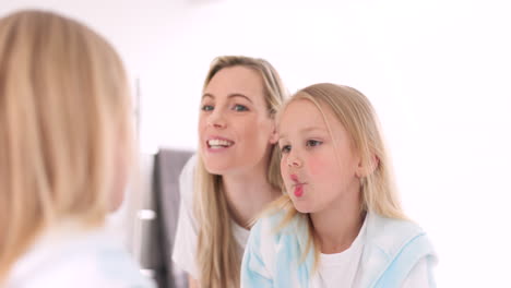 happy, funny faces and mother with a child looking