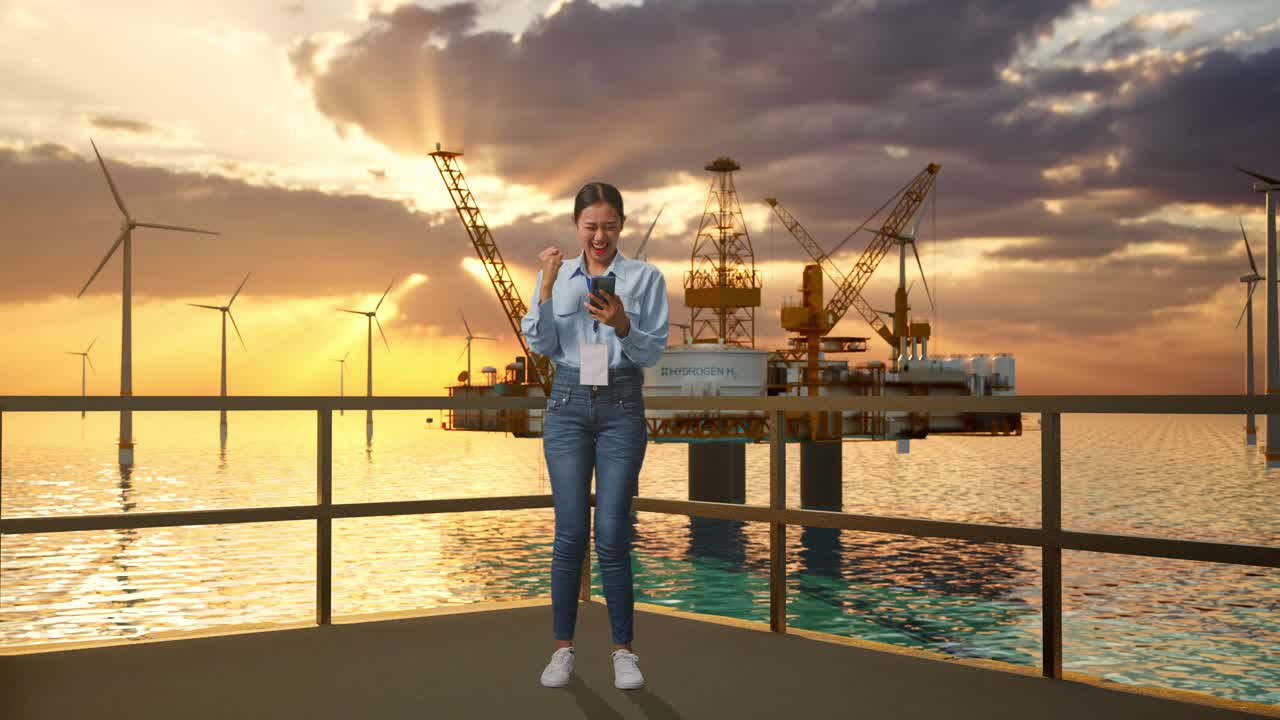 아시아 여성 직업 노동자의 몸이 가득 차 있으며, 그녀의 스마트폰과 함께 서있는 해상 수소 생산, 첨단 기술 산업 시설, 그녀는 소리치는 목표로 그녀의 주먹을 들어 올립니다.