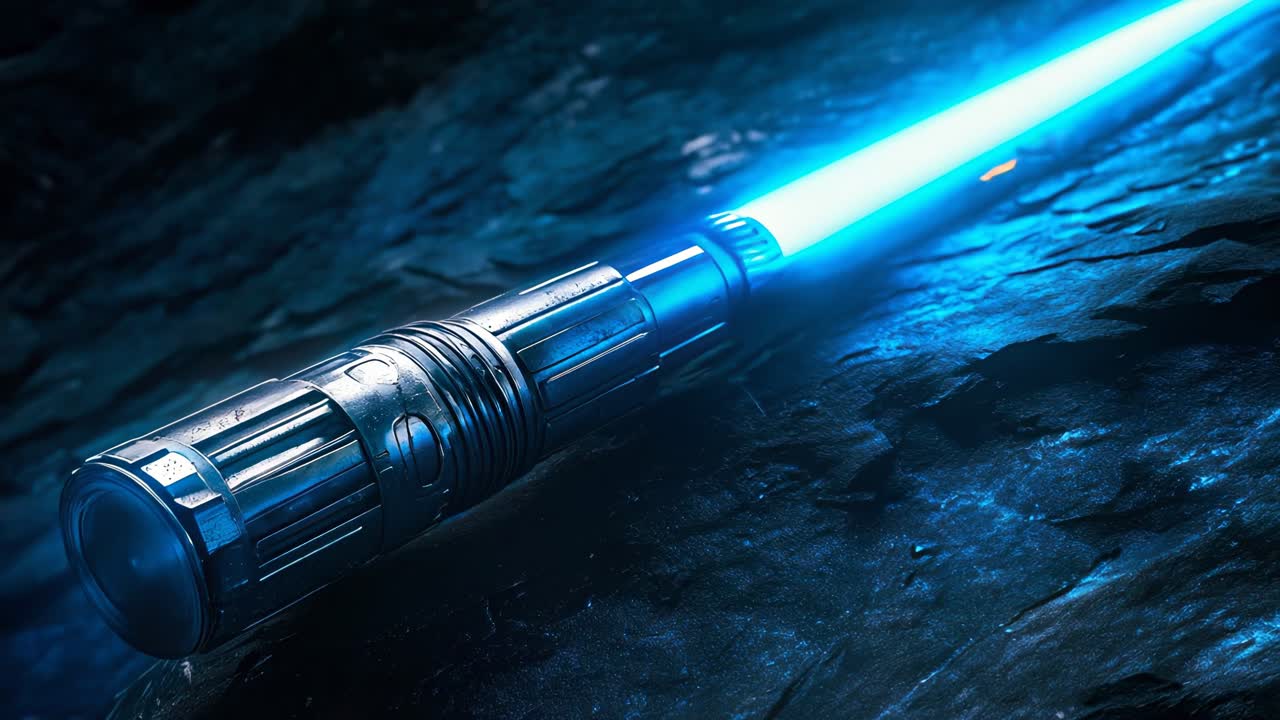 An impressive futuristic blue laser sword set against a stunning cosmic environment