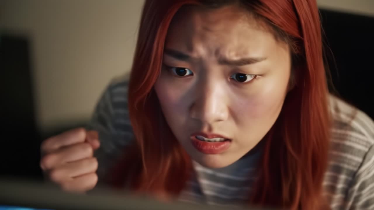 A young woman with vibrant hair leans in closely to a computer screen, displaying a concentrated expression during an engaging late-night session. The atmosphere is tense and focused.