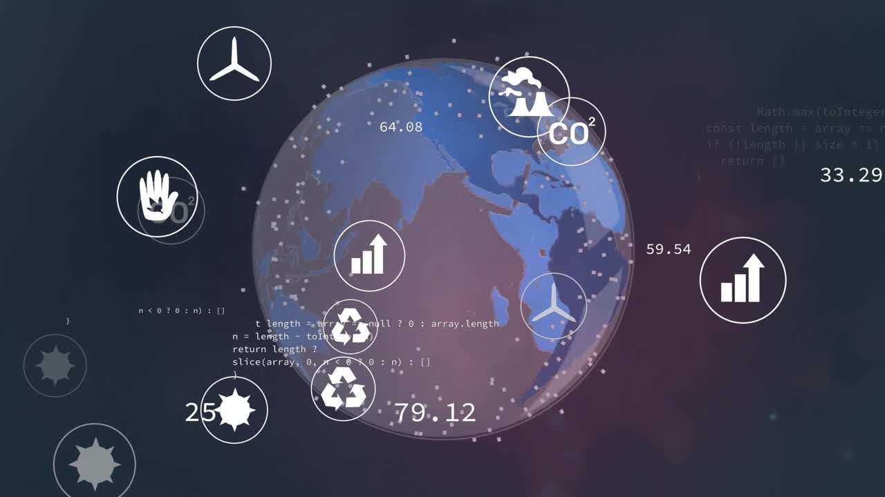 검은색 배경에 전 세계에 대한 데이터 처리 및 아이콘의 애니메이션