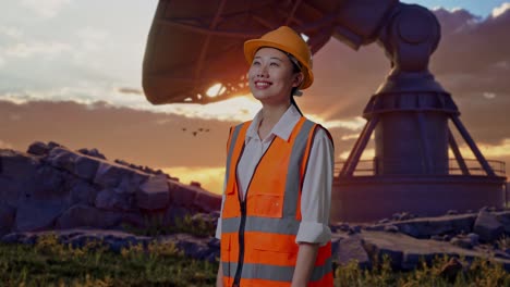 side view of asian female engineer with safety helmet looking around while standing with large satellite dish