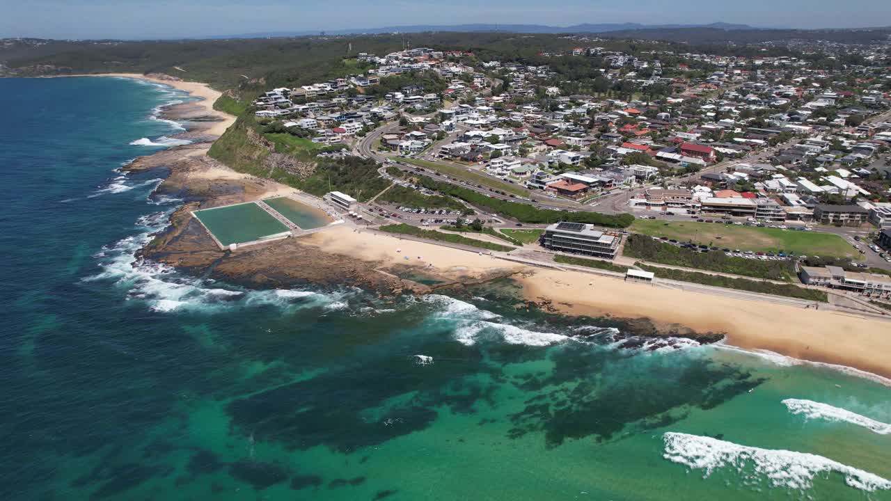 Merewether Ocean Baths With Beach In New South Wales, Australia - Aerial Drone Shot