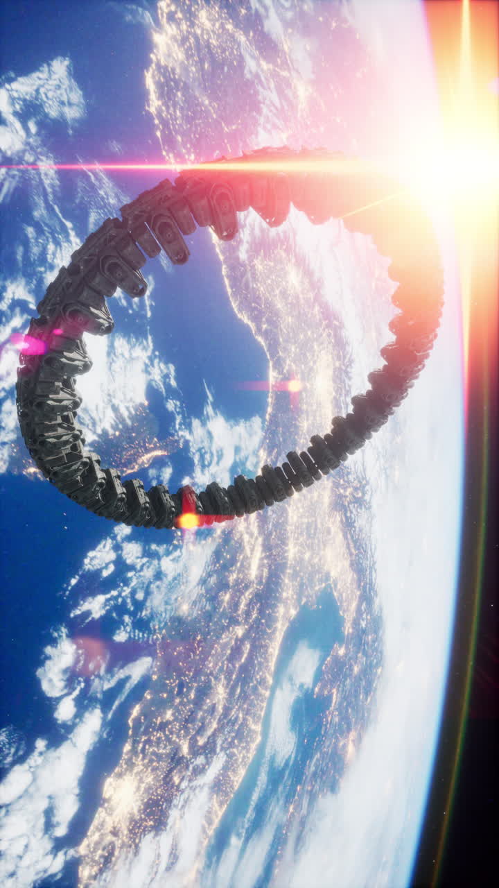 A futuristic spacecraft orbits earth at sunrise above a vibrant landscape