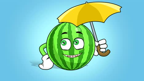 cartoon watermelon face animation under umbrella with luma matte