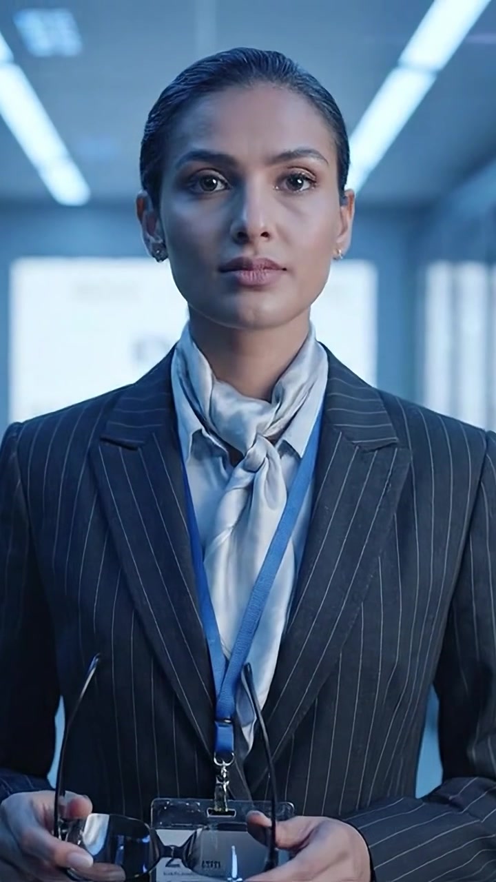 Confident Professional Woman in Business Attire with ID Badge in Modern Office Environment Captured in Two Distinct Frames of a Video Clip