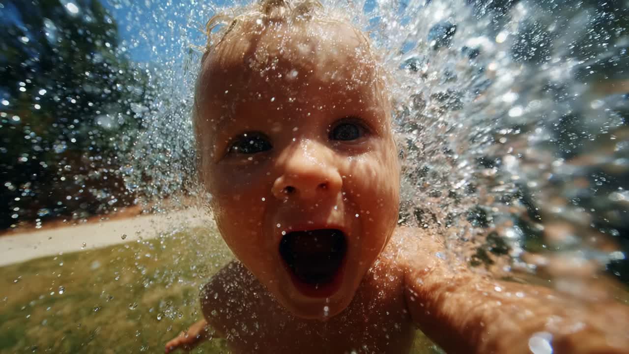A joyful child plays in the water, expressing pure excitement and happiness, splashing and laughing while enjoying a sunny day in the backyard with refreshing droplets around him