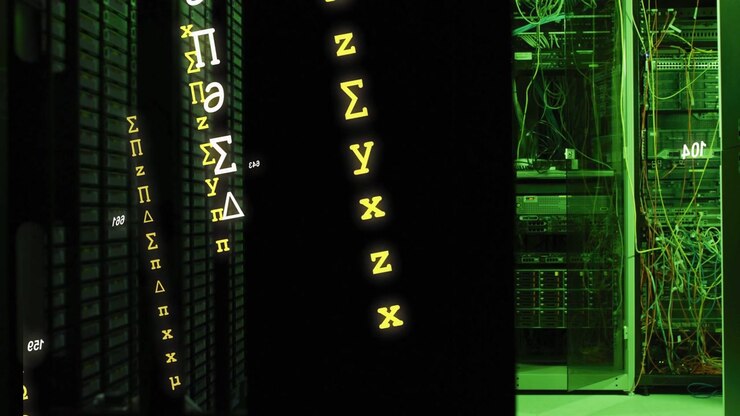 Vertical video: Central panel taking data, showing moving numerals and Greek glyphs on racks for IT