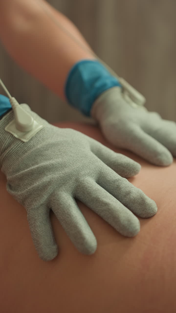 Un'estetista utilizza guanti a microcorrente sull'addome; guanti conduttivi testurizzati con cavi per elettrodi che erogano un delicato toning non invasivo e un massaggio sulla pelle, con cinturini da polso blu e pressione metodica.