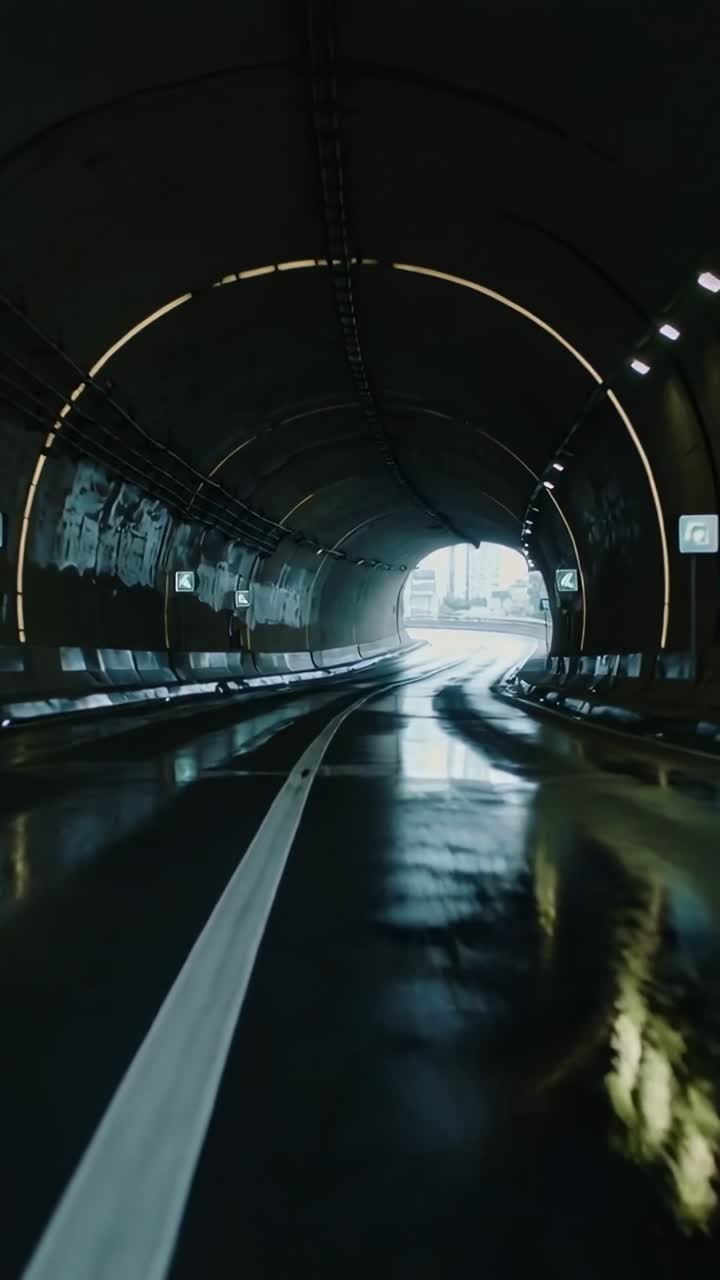 Dashcam moving through wet tunnel, showing lane line, lights, glare, revealing exit for auto study