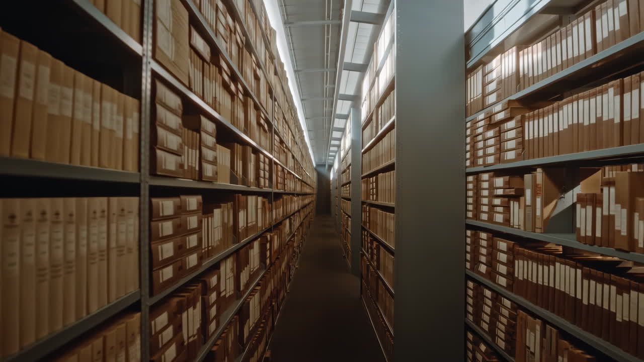 Long Aisle in a Document Archive with Shelves of Files