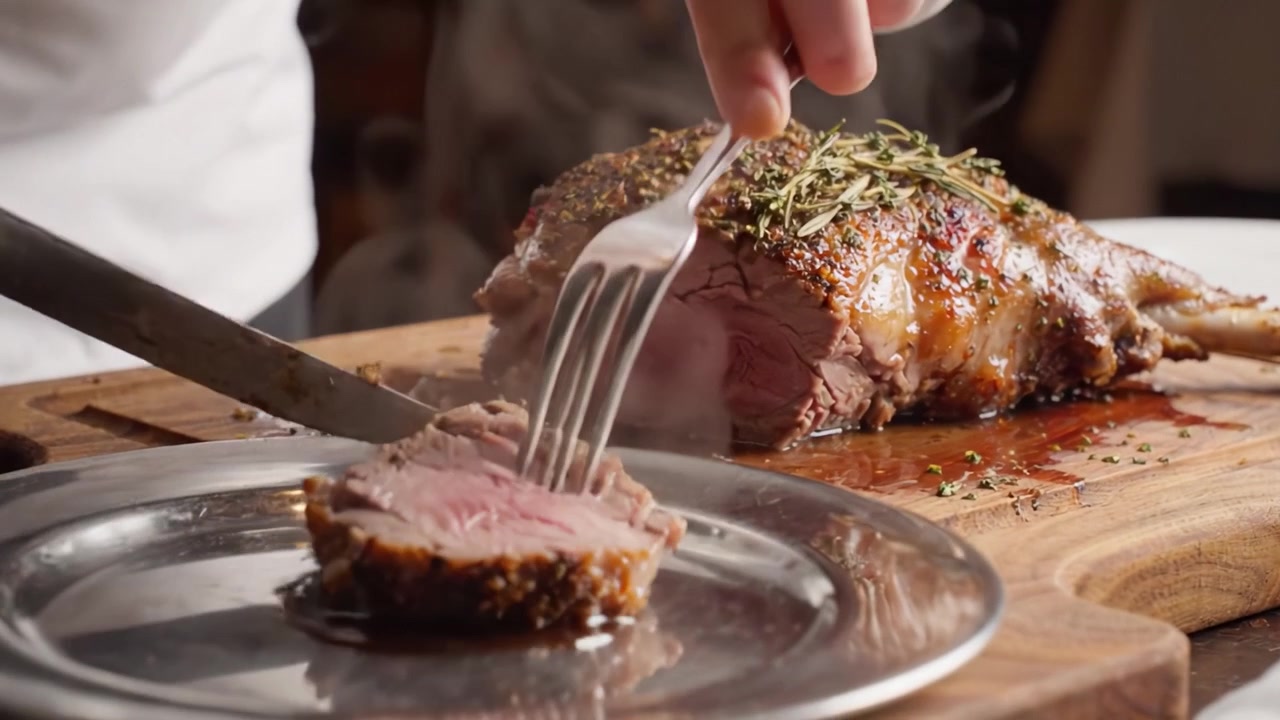Affettare un arrosto succulento: la tecnica di un esperto per preparare un piatto di carne cucinato alla perfezione con erbe aromatiche e succhi in un ambiente culinario rustico.