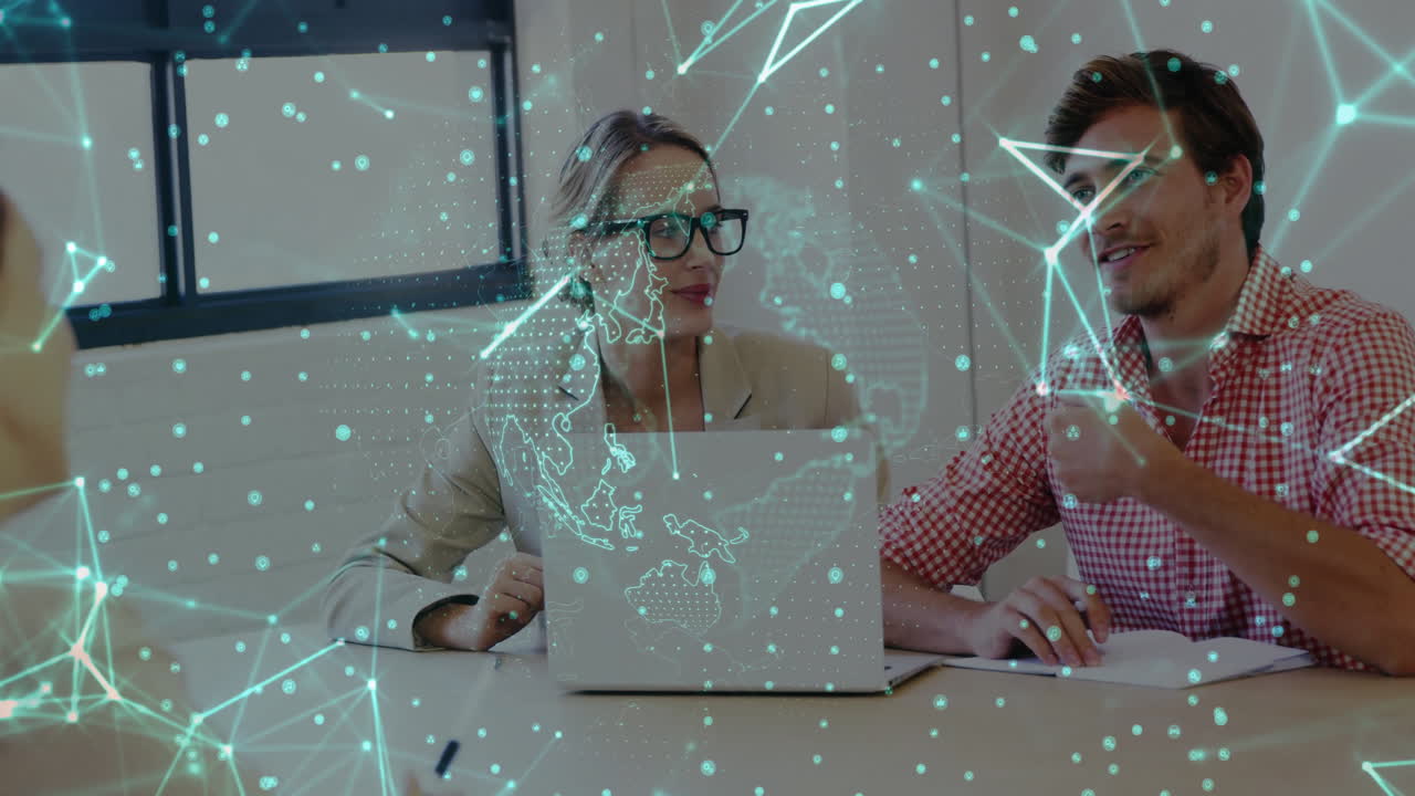 Business meeting with digital network connections animation over diverse colleagues