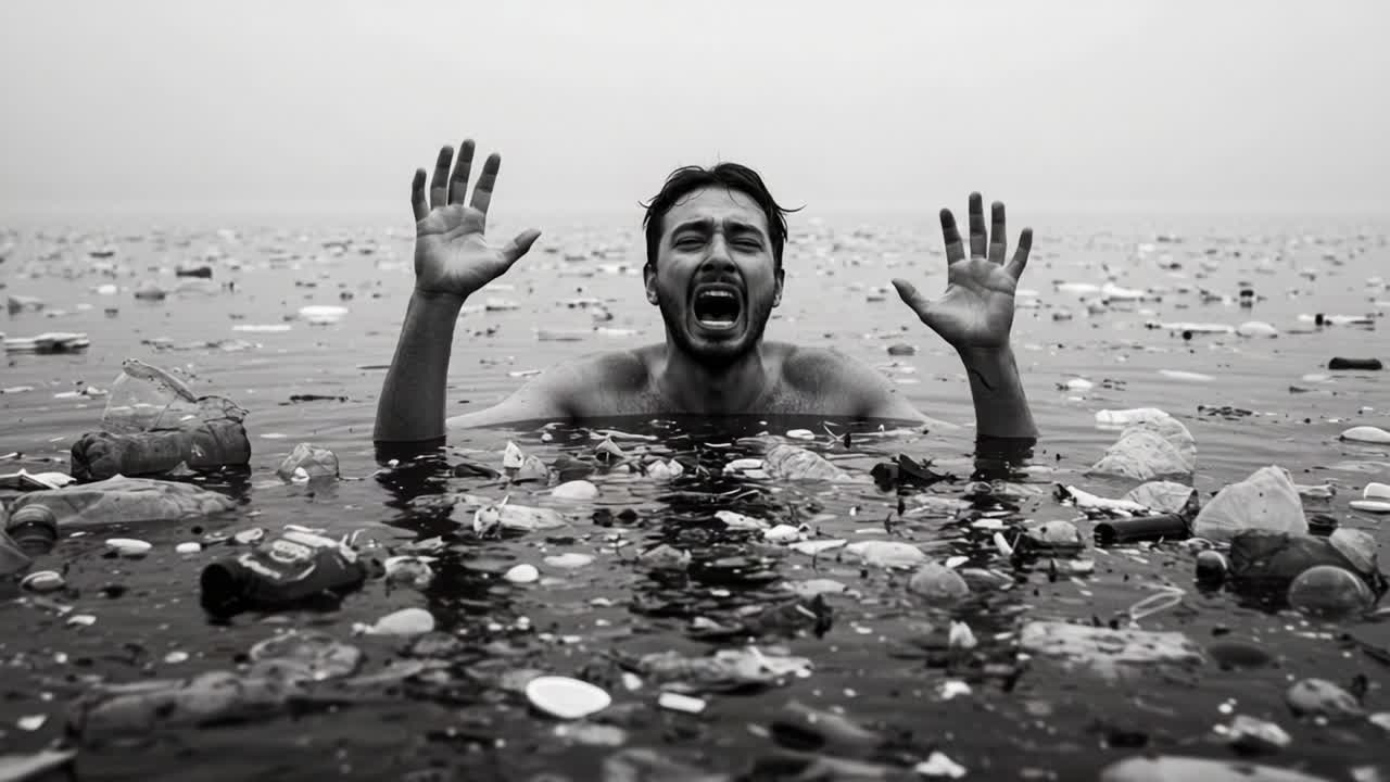 Desperate Struggle: A Man Grasping for Help Amidst a Sea of Pollution and Plastic Waste, Symbolizing the Urgent Need for Environmental Awareness and Action Against Marine Debris