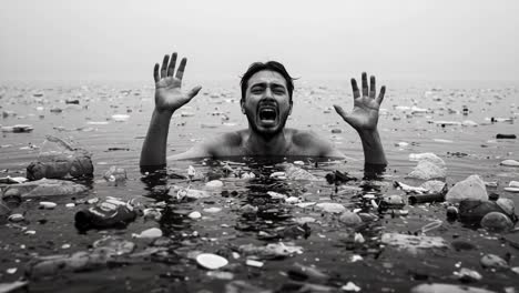 desperate struggle: a man grasping for help amidst a sea of pollution and plastic waste, symbolizing the urgent need for environmental awareness and action against marine debris
