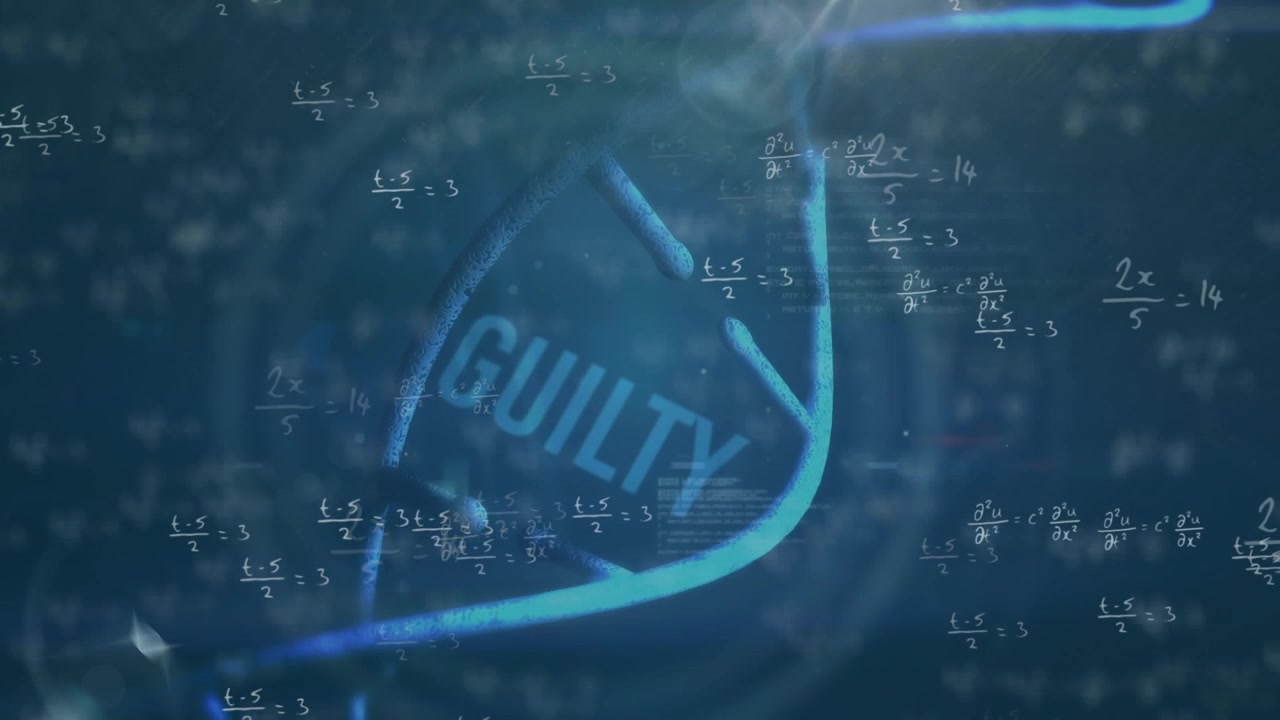 Animation of mathematical equations, dna strand and data processing over black background