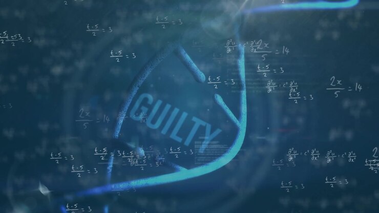 Animation of mathematical equations, dna strand and data processing over black background
