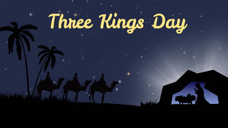 animation of three kings day text over nativity scene with three kings and shooting star