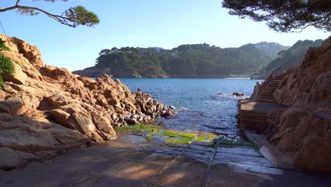 Cala-Aiguablava-European-Beach-In-Mediterranean-Spain-White-Houses-Calm-Sea-Turquoise-Blue-Begur-Costa-Brava-Ibiza