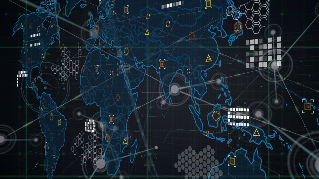 Animation of network of connections over grid network against world map on purple background