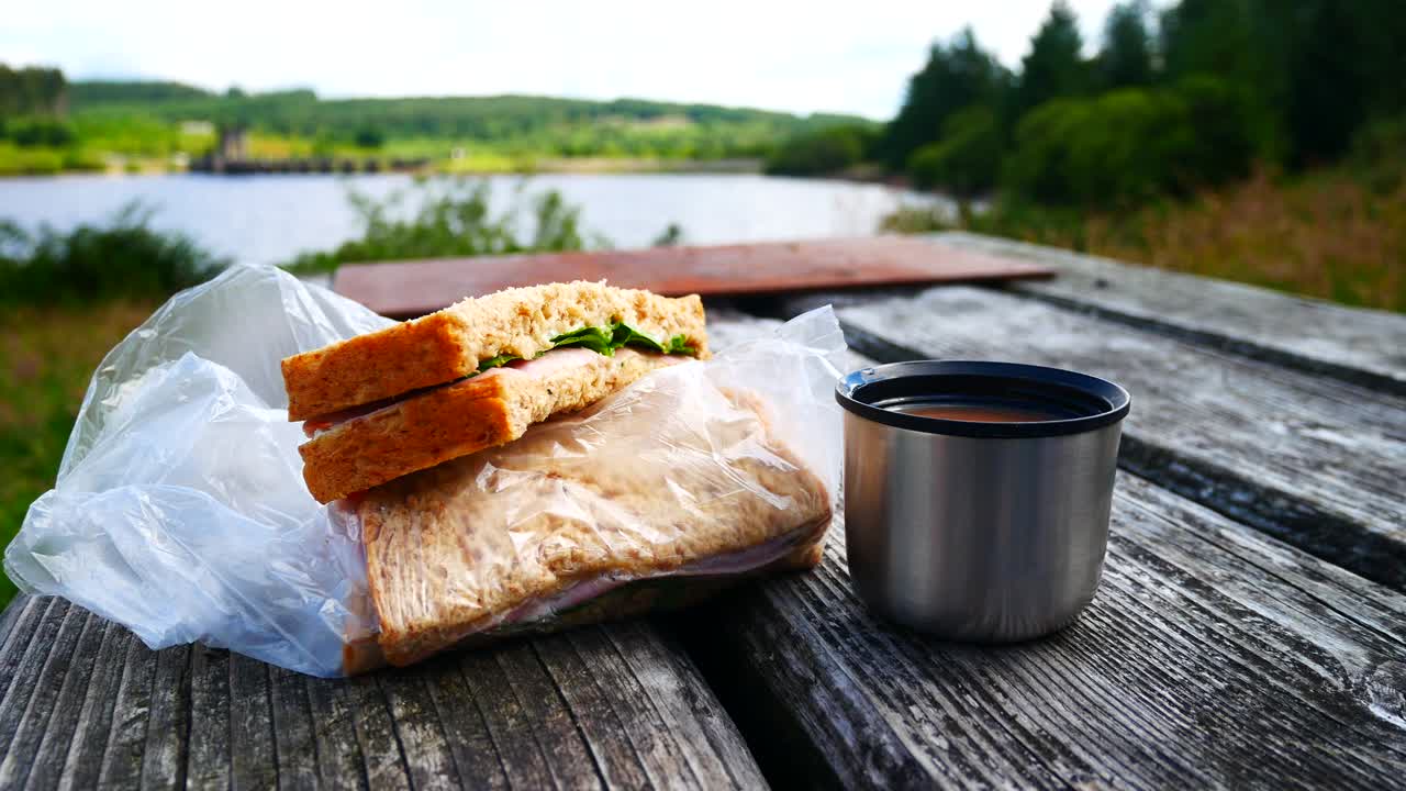 relajarse en una mesa de picnic de madera con un frasco de té tomando un sándwich de ensalada de jamón con vista al paisaje soleado del lago azul del bosque