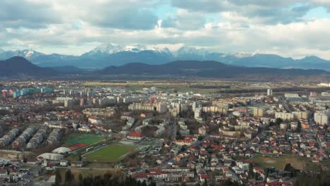 aerial: ljubljana capital city in slovenia mountain alps