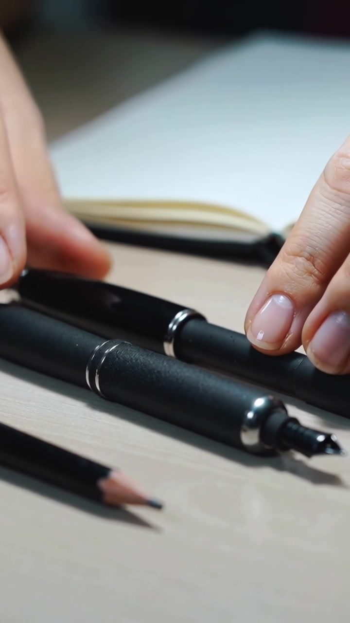 Video verticale: Mani che toccano una penna, allineano due penne, una matita e aprono un quaderno alla scrivania per disegnare.