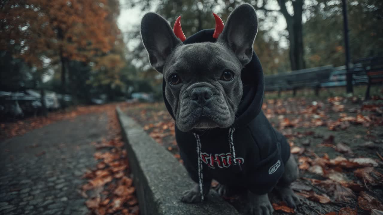 A Cool French Bulldog in a Hoodie with Adorable Devil Horns Strikes a Pose Against a Colorful Autumn Background, Capturing Its Unique Style and Charisma
