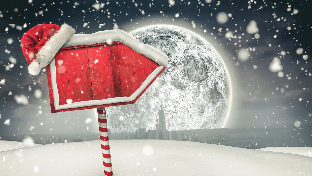 ⁇ 은 빈 표지판과 함께 겨울 장면 위의 눈과 함께 비디오 구성