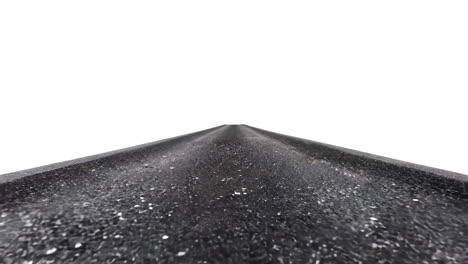 A road with a sharp pointy end. The road is empty and the sky is white