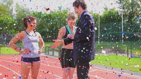 digital composite video of confetti falling against male judge awarding the two athletes