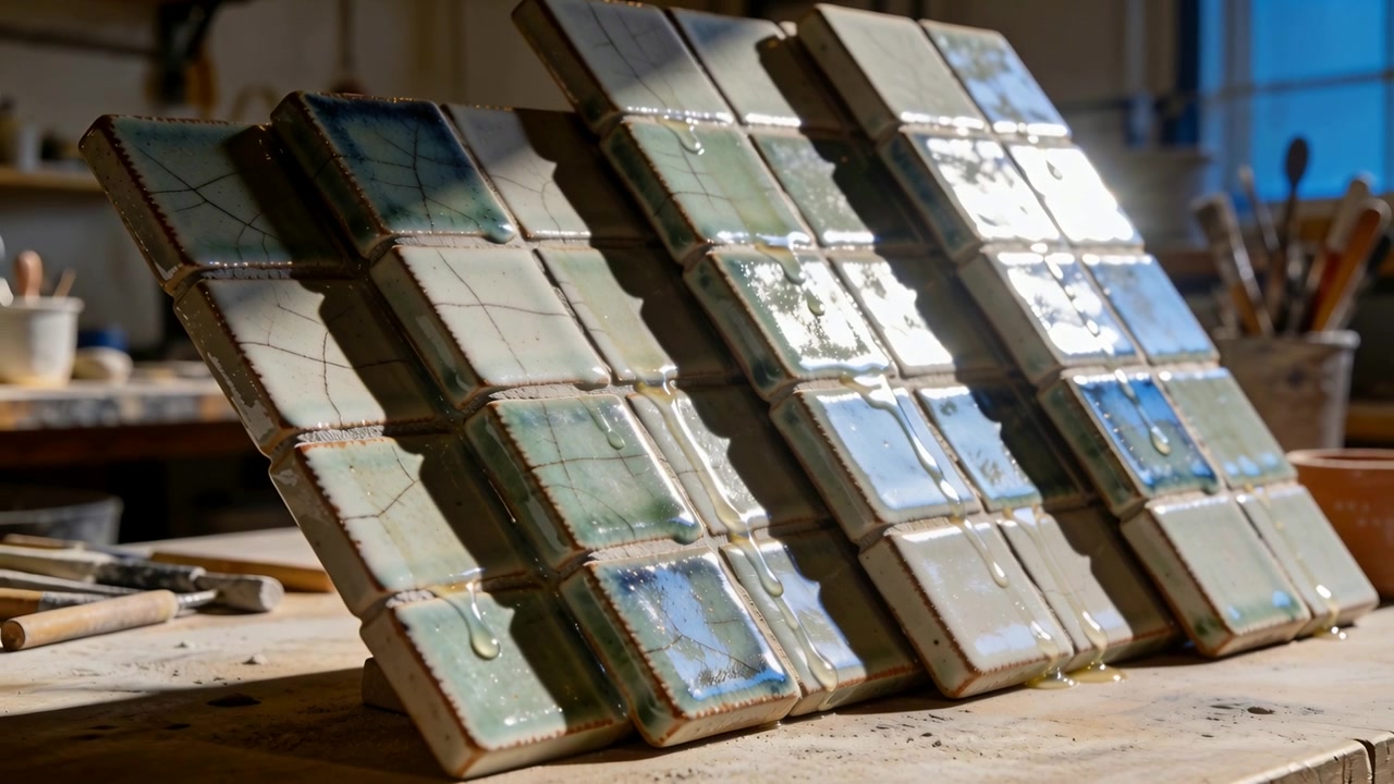 Tre pannelli di piastrelle in ceramica che gocciolano, appoggiati su uno scaffale di legno su un banco da vasaio, formando scie di smalto