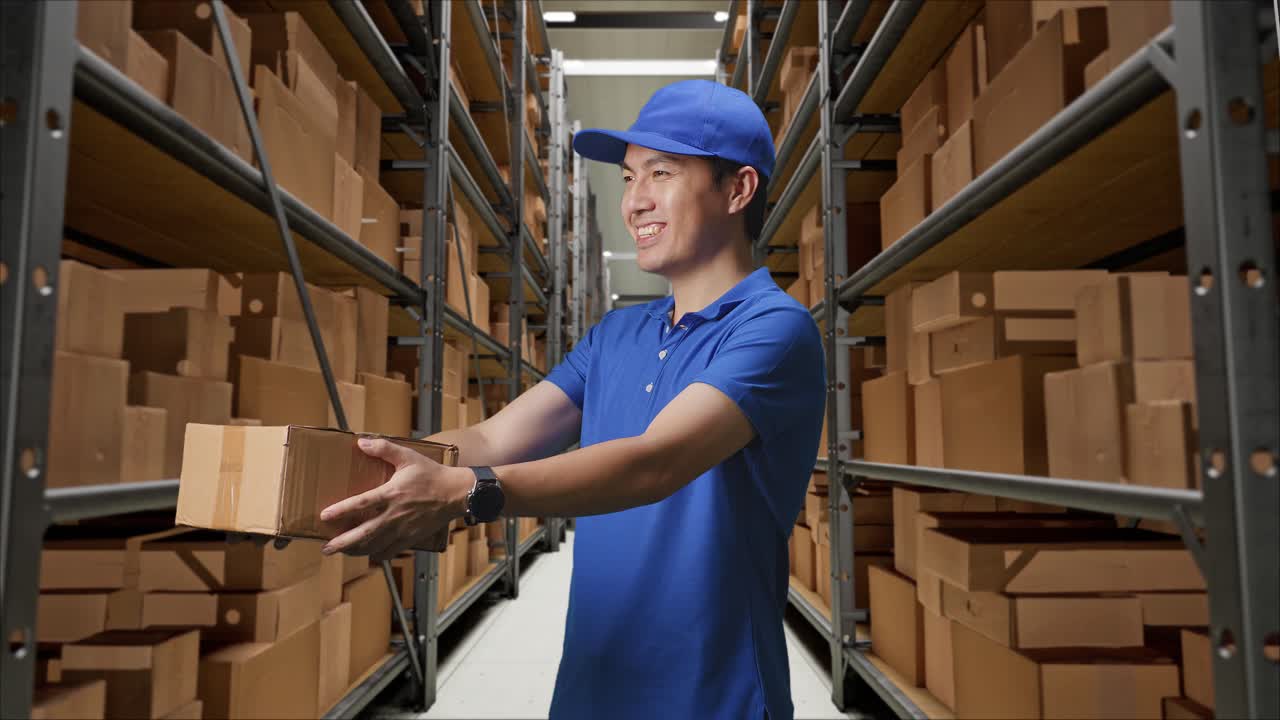 mensajero masculino asiático en uniforme azul dando un cartón a alguien y sonriendo mientras lo entrega en el almacén