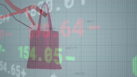 animación de líneas rojas, números cambiantes y procesamiento de datos sobre la bolsa de compras roja