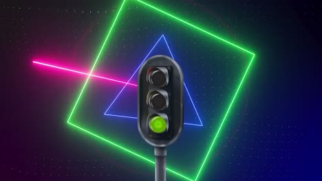 Animation-of-traffic-light-over-neon-geometrical-shapes-on-navy-background