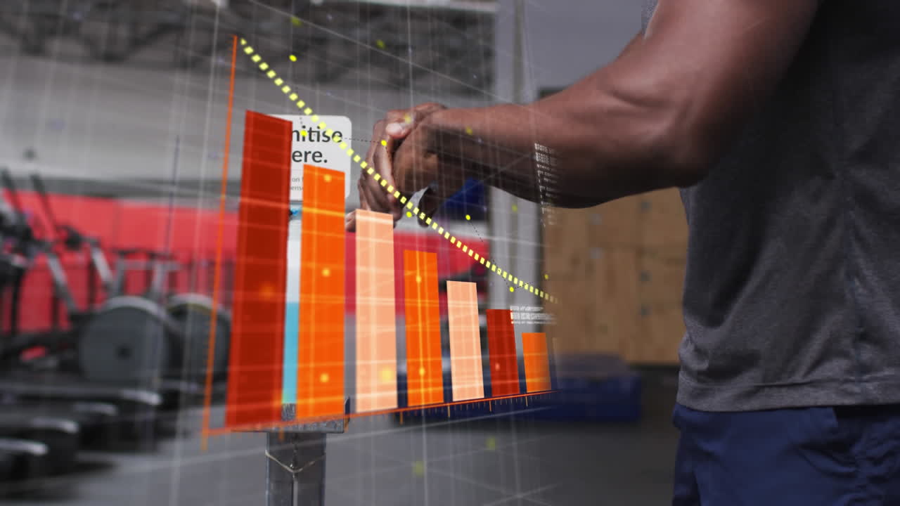 Animation of covid 19 statistics and data processing over fit man in sanitizing hands in gym