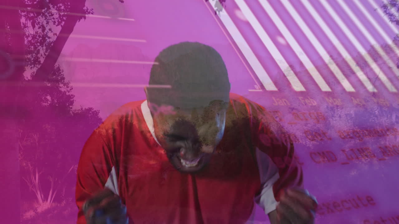 Expressing excitement, man in red shirt with abstract purple animation background