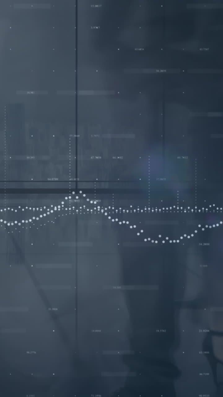 Composite video of statistical data processing against time lapse of people walking at office