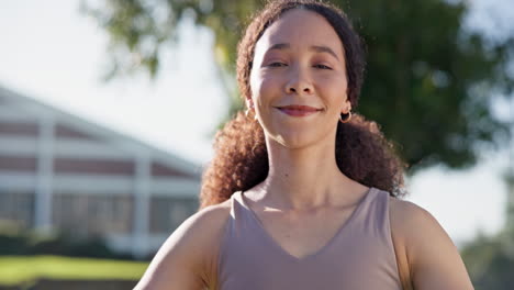 smile, stretching and face of woman in park
