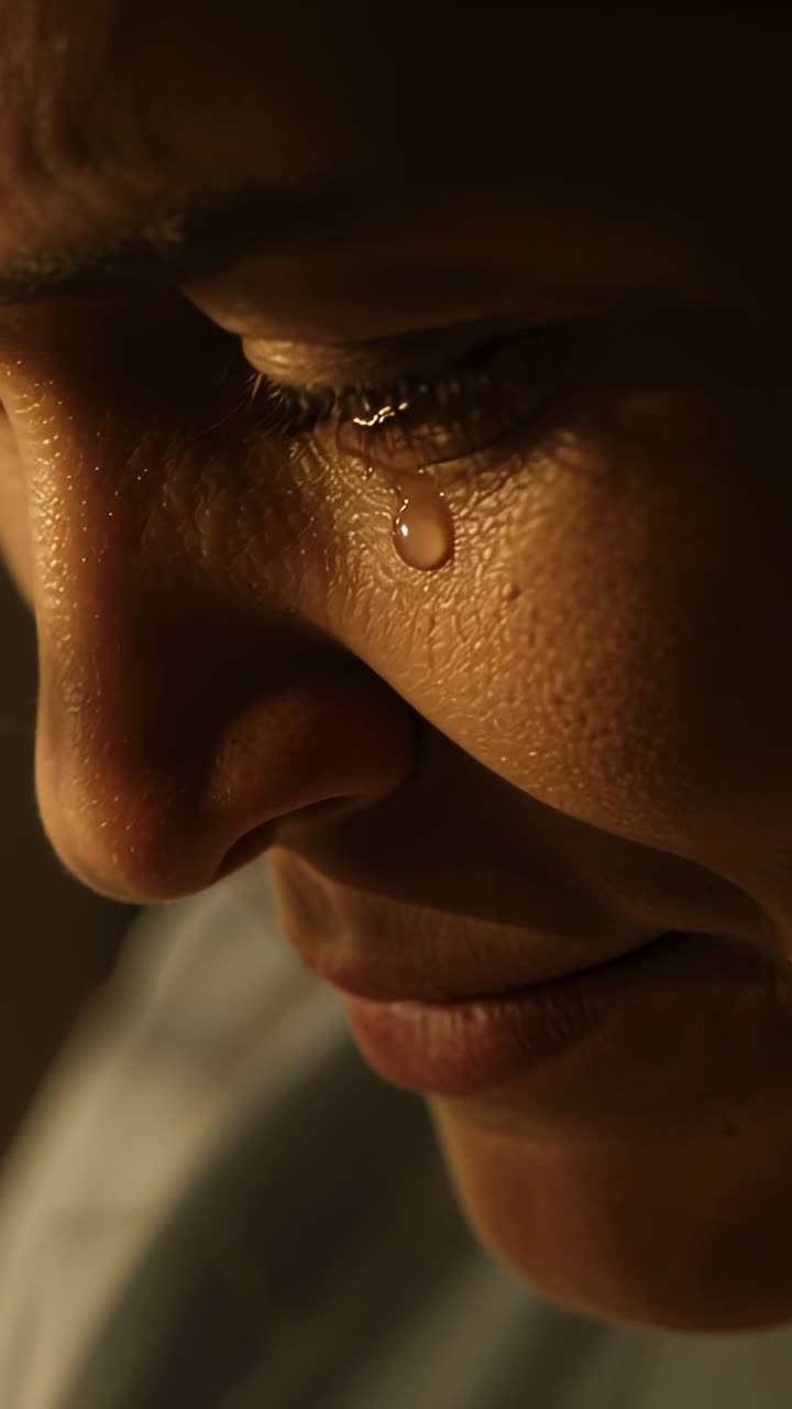 Vertical video: Smiling woman closing eyes in dim room, warm light causing tear, eyelashes visible