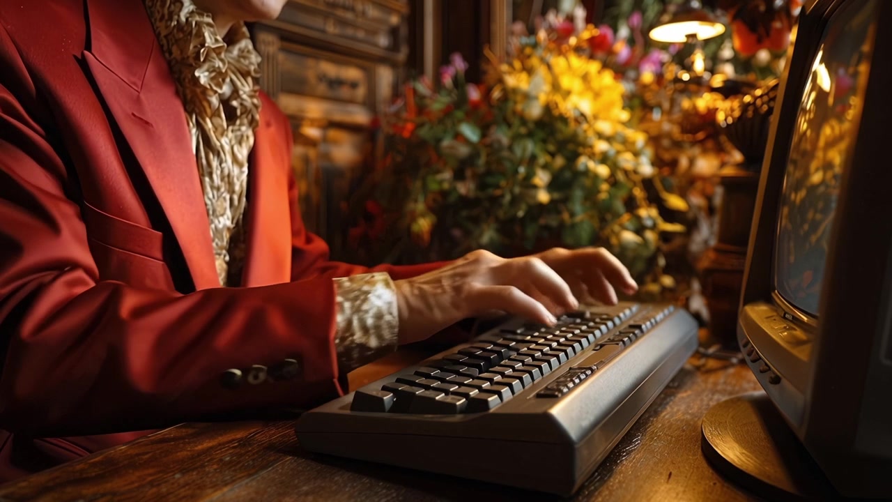 Primo piano di mani che digitano su una tastiera di computer vintage