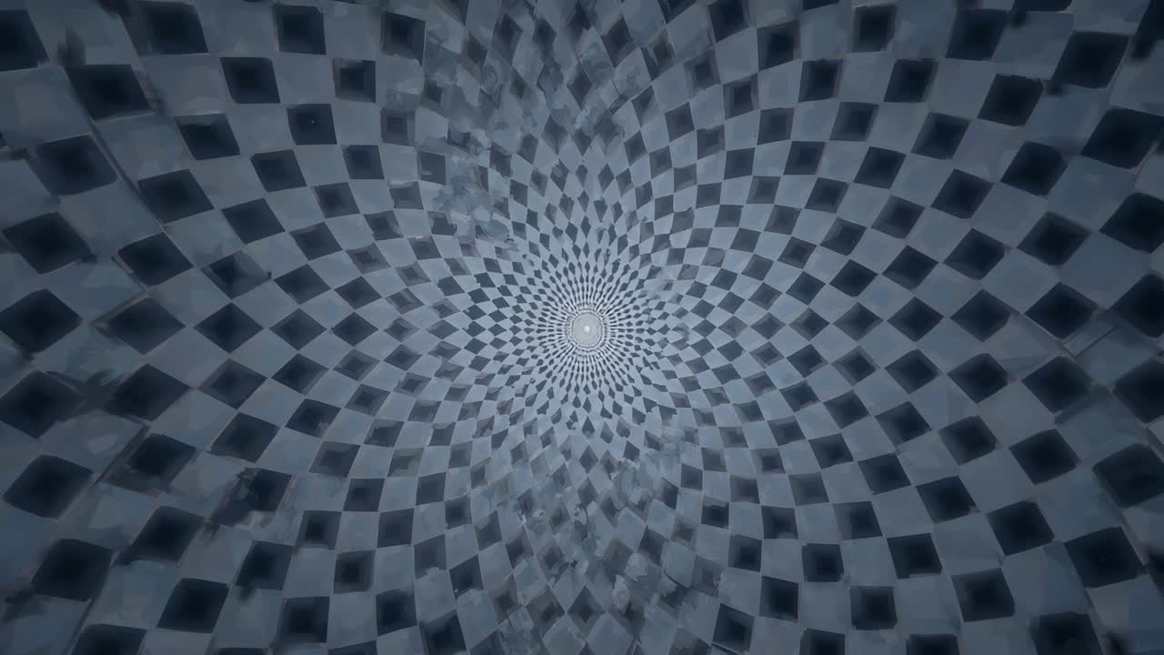Moving radial diamond tunnel with view moving forward in cool gray to bright center, mist drifting
