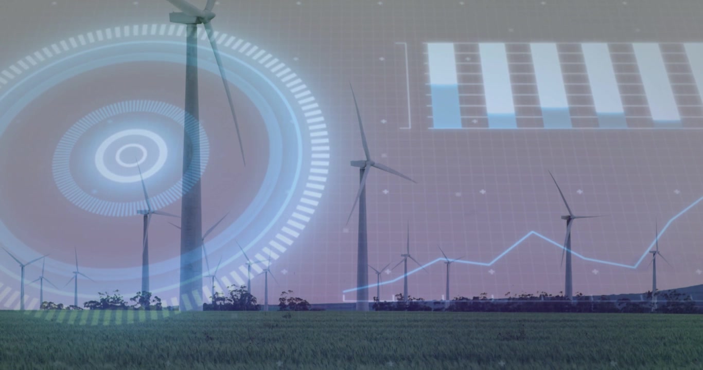 Visualizzazione di un gruppo di turbine in un parco eolico, con HUD a sinistra, barra in alto a destra e grafico a linee orizzontale che si aggiorna