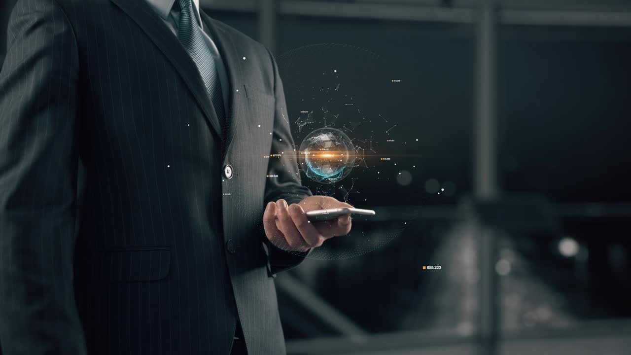 Businessman with Metaverse Land hologram concept