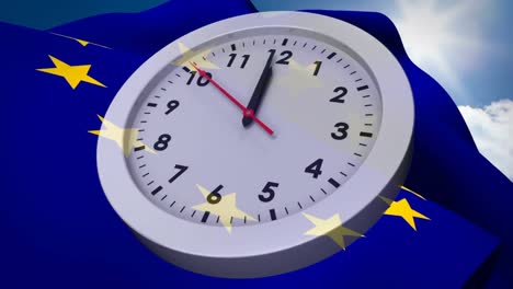 european flag and uk flag waiving behind analog clock