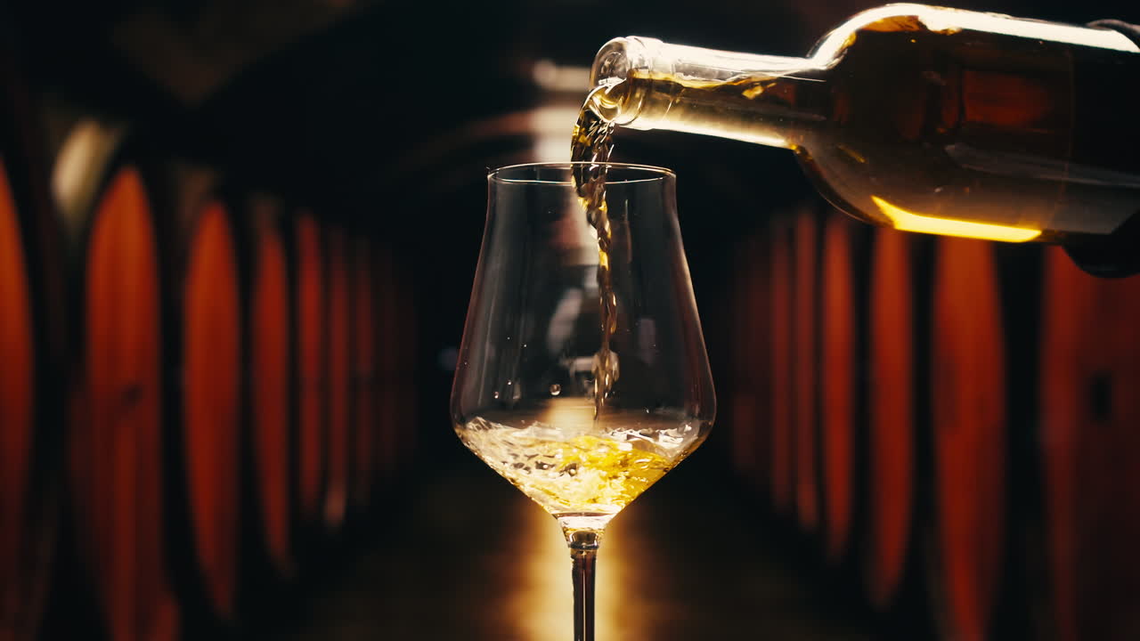 Orange or white wine bottle and glass against a sunset in a peaceful vineyard, pouring of ecological natural wine.