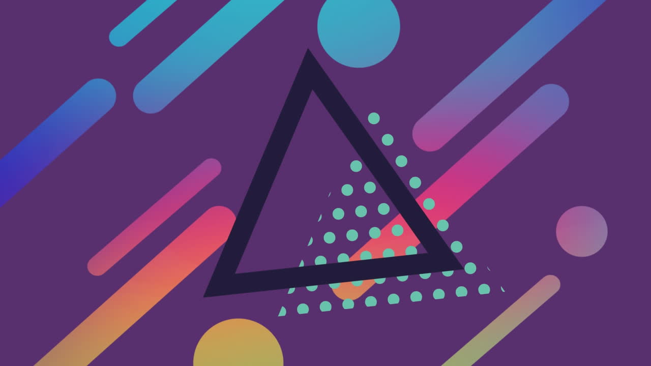 animación de ilustración de triángulo negro y punto con formas de círculo y cápsula que se mueven en púrpura